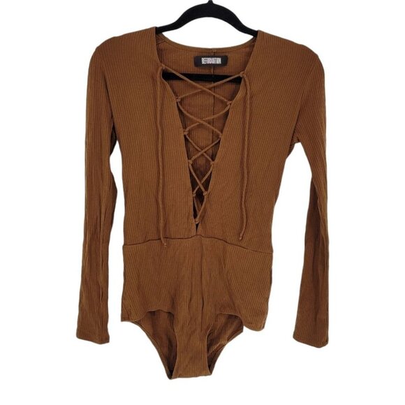 Reformation womens large avalon cocoa brown ribbed long sleeve bodysuit plunge - Picture 1 of 11
